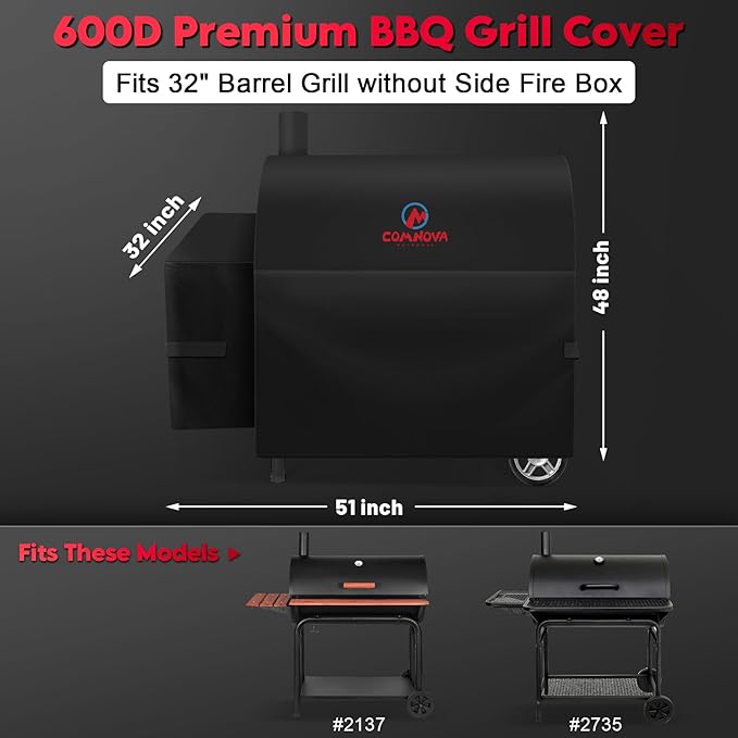 Comnova Grill Cover for Char Griller 32 Inch Barrel Grill - 600D Premium Grill Cover for Outlaw Charcoal Grill, Fits models Outlaw E2137, Pro Deluxe XL 2735 without Side Fire Box - 51"L x 32"W x 48"H