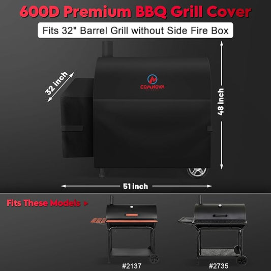 Comnova Grill Cover for Char Griller 32 Inch Barrel Grill - 600D Premium Grill Cover for Outlaw Charcoal Grill, Fits models Outlaw E2137, Pro Deluxe XL 2735 without Side Fire Box - 51"L x 32"W x 48"H