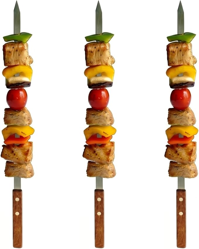 Premium Stainless Steel Barbecue Skewers BBQ Outdoor Grill Skewer stick Barbecue Fork with Solid Wood Handle for Grilling Shish Kebob Koubideh Persian Brazilian Kebab (3pcs)