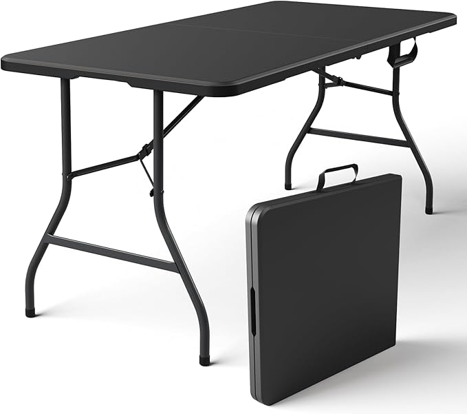 Folding Table 5FT Heavy Duty Plastic Table with Handle, Foldable&Portable, Fold-in-Half Utility Tables for Outdoor, Dining, Wedding, Events, Indoor, Picnic, Camping, Party, Coffee Black