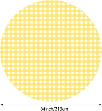 Disposable Checkered Tablecloth Round Plastic Buffalo Plaid Table Cloth 84'' Gingham Tablecover for Picnic Camping BBQ Graduation Party(Yellow and White,6 Pieces)