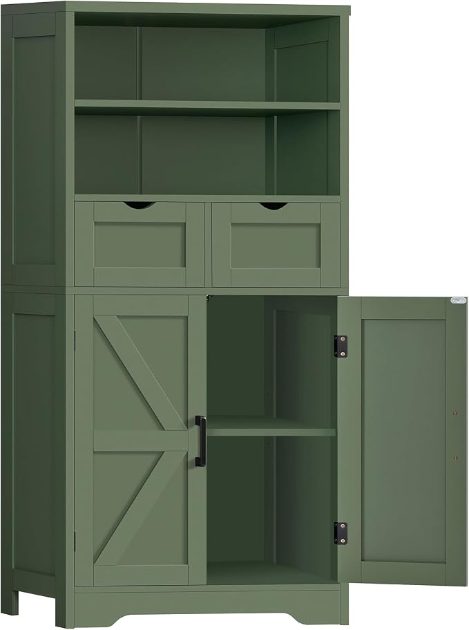 Bathroom Cabinet with Adjustable Shelf & 2 Drawers, Farmhouse Storage Cabinet with 2 Doors, Kitchen Storage Cabinets for Living Room, Entryway, Home Office, Forest Green