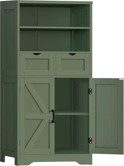 Bathroom Cabinet with Adjustable Shelf & 2 Drawers, Farmhouse Storage Cabinet with 2 Doors, Kitchen Storage Cabinets for Living Room, Entryway, Home Office, Forest Green