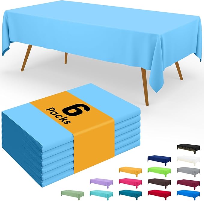 Smiry Disposable Table Cloth - 6 Pack, 54 x 108 Inch Waterproof Rectangle Tablecloths for Parties, Decorative Plastic Table Cover, Leakproof & Sturdy, Light Blue