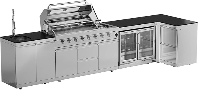 BBQ Outdoor Kitchen Island Grill Barbecue Modular Patio Kitchens Kits with Electric Rotisserie, Sink, fridge, and Burner for More than 15 People