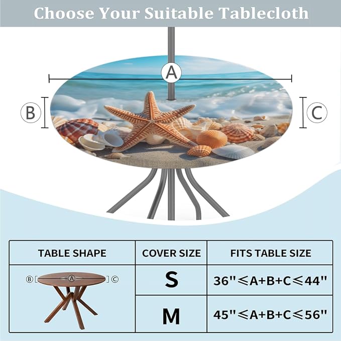 Outdoor Round Tablecloth with Umbrella Hole, Shell Starfish Fitted Table Cloth with Elastic 36"-44" Waterproof Oil-Proof Circle Patio Table Cover for Picnic Camping Party