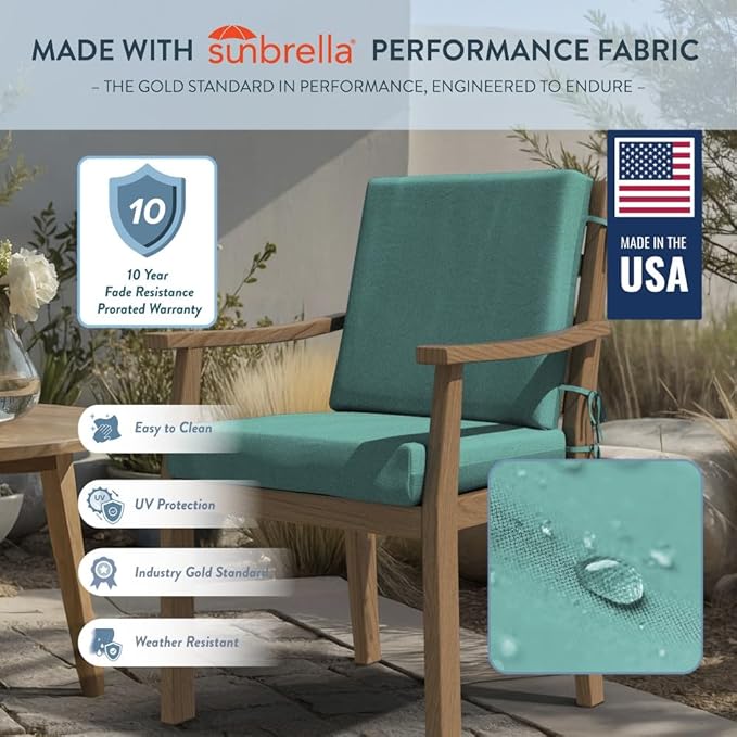 California Umbrella Outdoor Dining Chair, Set of 4 Patio Seat Cushions, 20 x 40 Inch, Premium Outdoor Memory Foam, Fade Resistant, Sunbrella Fabric, Fabric Ties, Aruba