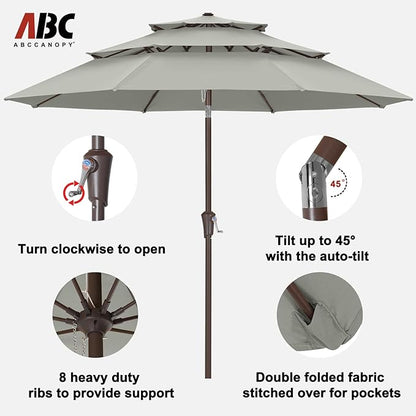 ABCCANOPY 11Ft 3 Tiers Market Umbrella, Outdoor Table Umbrella for Patio, Deck, Backyard (Light Gray)