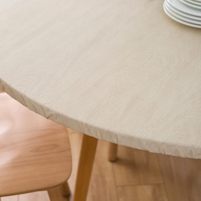 LIBERECOO Round Vinyl Fitted Tablecloth with Flannel Backing Elastic Edge Table Cover Waterproof Stain-Resistant Wipeable Tablecloths Fits 40-44" Round Tables