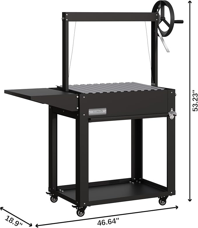KoolMore 50 in. Charcoal Grill BBQ, Santa Maria Argentine Outdoor Grill with Interchangeable V Grates, Heavy Duty Barbecue Grilling Grill, Black