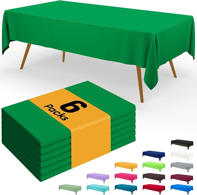 Smiry Disposable Table Cloth - 6 Pack, 54 x 132 Inch Waterproof Rectangle Tablecloths for Parties, Decorative Plastic Table Cover, Leakproof & Sturdy, Green