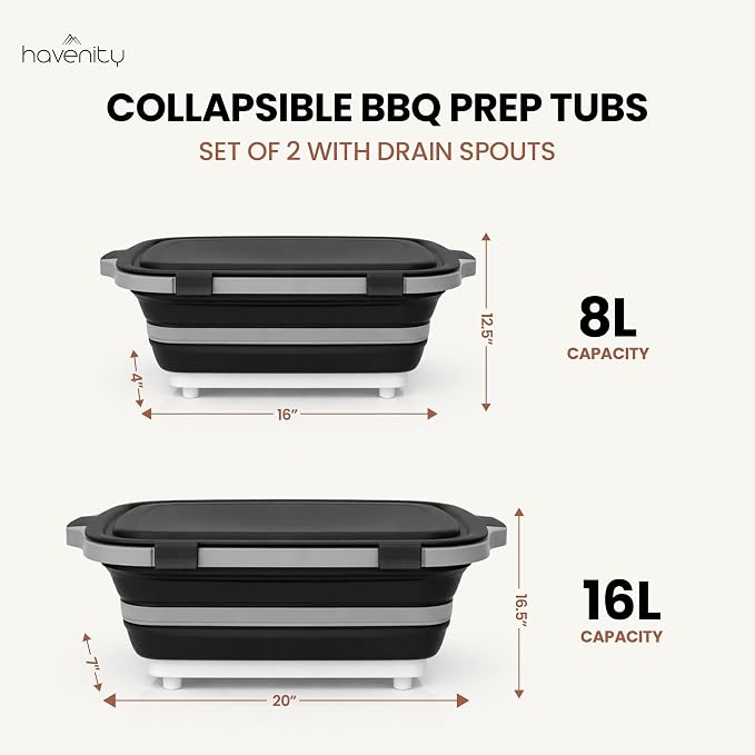 BBQ Prep Tub 2 Pack (8L+16L) - Multifunctional Collapsible Camping Cutting Board with Upgraded Locking lid, Meal Prep Meat Storage Container Perfect for Grilling, Outdoor Cooking (Large + XL)