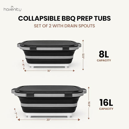 BBQ Prep Tub 2 Pack (8L+16L) - Multifunctional Collapsible Camping Cutting Board with Upgraded Locking lid, Meal Prep Meat Storage Container Perfect for Grilling, Outdoor Cooking (Large + XL)