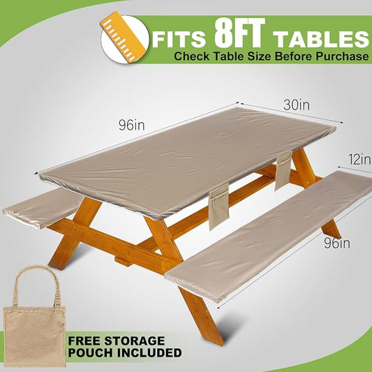 Wrakus Picnic Table Cover with Bench Covers Vinyl Elastic Edges Fitted Rectangle Seat Tables Waterproof 3-Piece96X30in Set Outdoor Rectangular Folding Backing Tablecloth for Camping Over Size