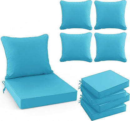 Summsun Outdoor Chair Cushions Set of 4, 19 x 19 Inch, Teal | Double-Sided Water Resistant, Removable Cover, Back Pillow & Seat Cushion, Tie Straps, Fit for Patio, Garden, Sofa Couch