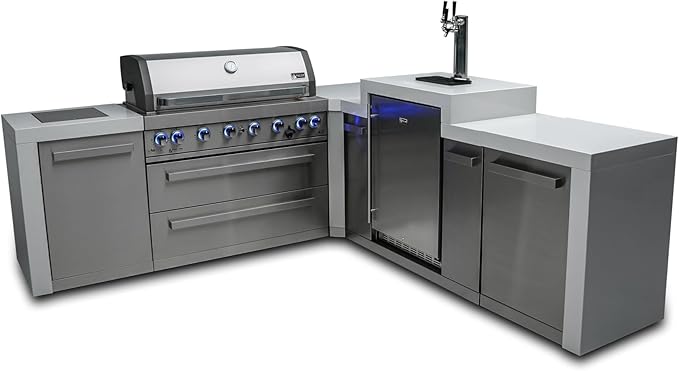 Mont Alpi 94"W x 98"D Deluxe Stainless Steel L-shaped Modular Outdoor Kitchen Island with 3-tap Kegerator Beer Dispenser Refrigerator + 44"W 6-Burner BBQ Grill + Granite Countertops + Storage Cabinets