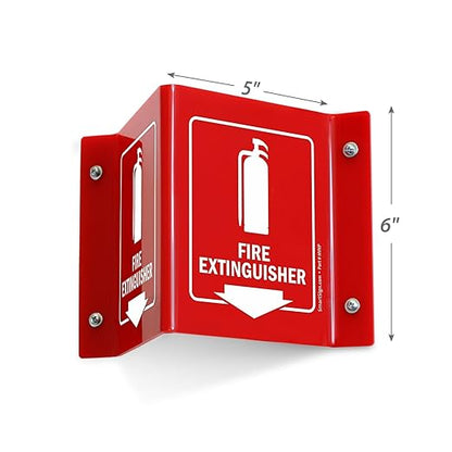 SmartSign (4-Pack) Fire Extinguisher Projecting Sign with Down Arrow - 5" x 6", Two-Sided Wall Mount Polished Acrylic Corridor V-Sign, White on Red