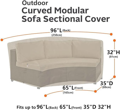 Curved Patio Furniture Cover for Outdoor Sectional Sofa, 96"(65") Reinforced Waterproof 600D Patio Sectional Covers, Lawn Outside Garden Furniture Winter Protector, Natural Beige