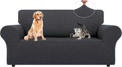 LURKA Loveseat Couch Cover 1 Piece 2 Cushion Sofa Slipcover, Dark Grey | Soft Stretch Jacquard, Fits 55"-78" Loveseats, Elastic Bottom for Secure Fit, Machine Washable, Pet & Kid Friendly