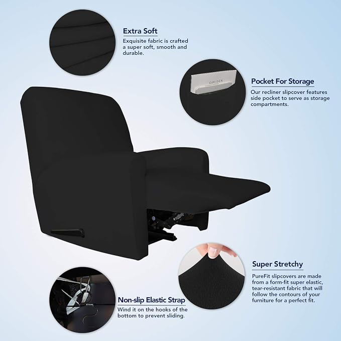 PureFit Stretc Recliner Chair Covers Fleece Soft Couch Covers for Sofa | Black 4-Pieces Recliner Slipcover Pocket Couch Protector, Fleece Sofa Cover Washable with Non Slip Elastic Bottom