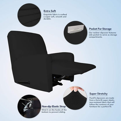 PureFit Stretc Recliner Chair Covers Fleece Soft Couch Covers for Sofa | Black 4-Pieces Recliner Slipcover Pocket Couch Protector, Fleece Sofa Cover Washable with Non Slip Elastic Bottom