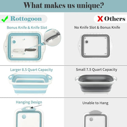 Collapsible Cutting Board, Foldable Chopping Board with Colander, Multifunctional Kitchen Vegetable Washing Basket Silicone Dish Tub for BBQ Prep/Picnic/Camping(Light Blue)