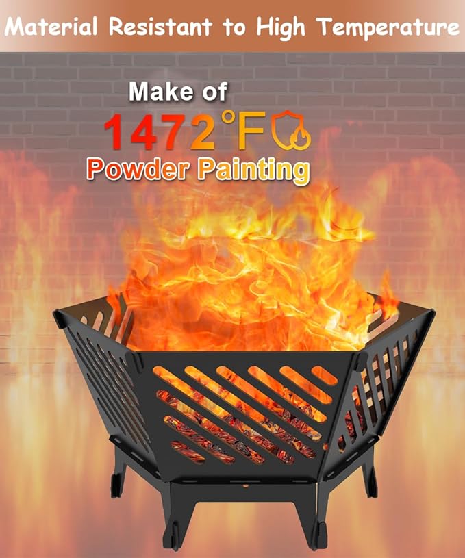 22.5 Inch Portable Hexagon Fire Pit with Travel Bag — Smokeless Patented Design Outdoor Wood Burning Fire Pit for Camping, Backyard, Patio, Bonfire, Picnic and BBQ, Diagonal Hollow Style