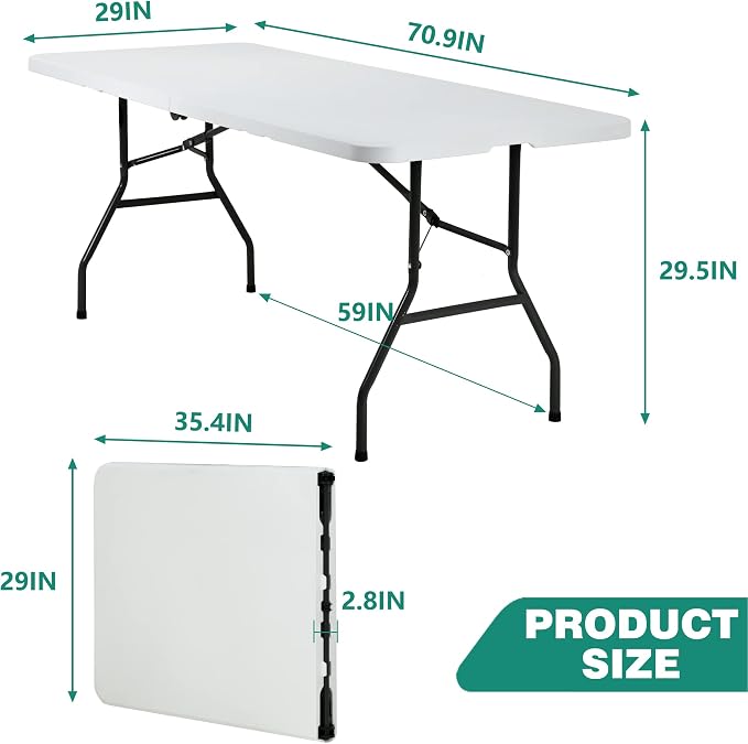 PayLessHere | 6FT Folding Table | White | Portable Plastic Table | with Carry Handle | Waterproof & Foldable Table Design | Steel Frame with Lock | for Events, Camping, Indoor & Outdoor Use