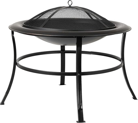 30" Outdoor Wood Burning Fire Pit, Round Steel Fire Bowl with Spark Screen, Log Grate, Lift Tool, for Patio, Backyard, Camping, Bonfire