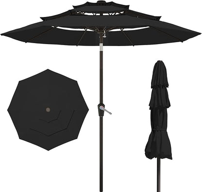 PatioKingdom 9ft 3-Tier Patio Market Umbrella with Crank/Tilt, Commercial Heavy Duty Wind Proof,Outdoor Table Umbrella with 8 Fiberglass Ribs,UPF50+ for Deck,Pool,Garden,Backyard (Black)