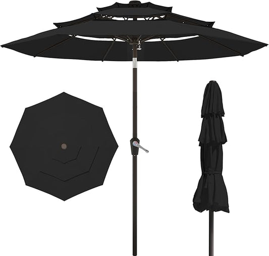 PatioKingdom 9ft 3-Tier Patio Market Umbrella with Crank/Tilt, Commercial Heavy Duty Wind Proof,Outdoor Table Umbrella with 8 Fiberglass Ribs,UPF50+ for Deck,Pool,Garden,Backyard (Black)