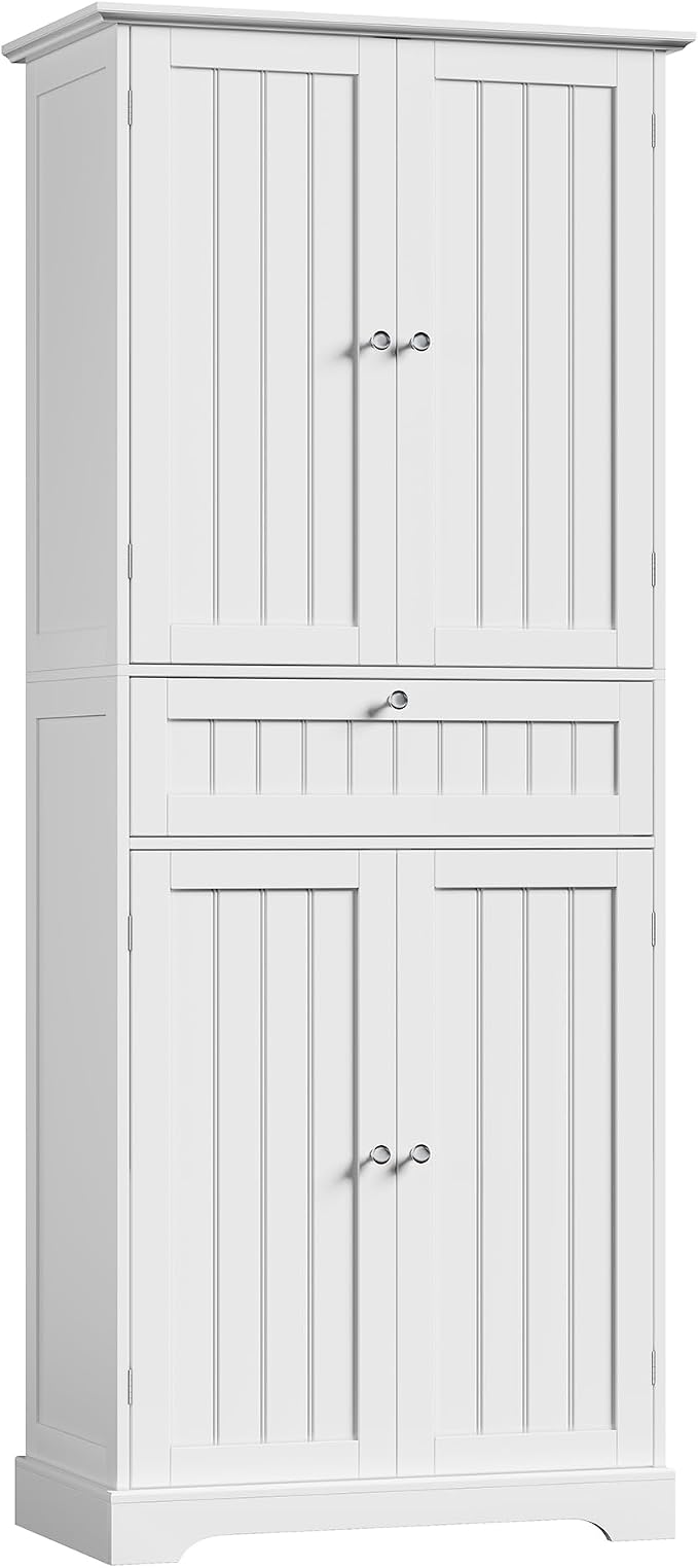 ChooChoo 72" H Bathroom Floor Cabinet with Drawers and Adjustable Shelves | Bathroom Storage Cabinet, Freestanding Kitchen Pantry Cupboard with 4 Doors for Living Room, White