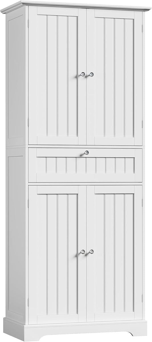 ChooChoo 72" H Bathroom Floor Cabinet with Drawers and Adjustable Shelves | Bathroom Storage Cabinet, Freestanding Kitchen Pantry Cupboard with 4 Doors for Living Room, White