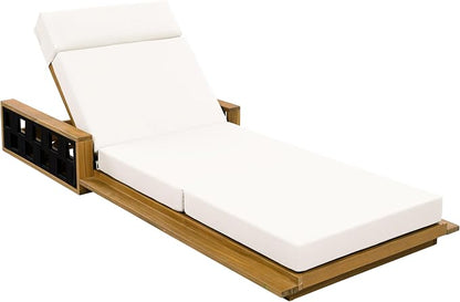 Merax Acacia Wood Patio Chaise Lounge Set of 2, Outdoor Reclining Chairs with 4-Position Adjustable Backrest, 2-Piece Sunbathing Recliner & 4" Thick Four-fold Cushion for Poolside, Garden, Cream