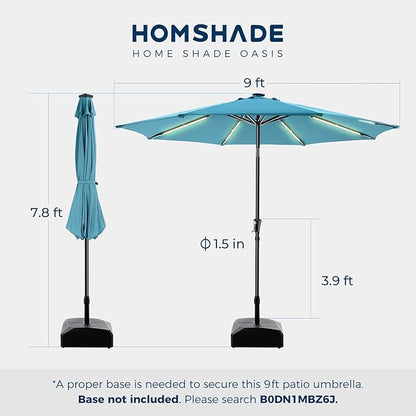 HOMSHADE 9ft Solar Patio Umbrella - Solar Lights LED Lighted UPF50+ UV Protection Umbrella, Outdoor Market Table Umbrella with Push Button Tilt, Crank for Pool Deck and Garden (Light Blue)