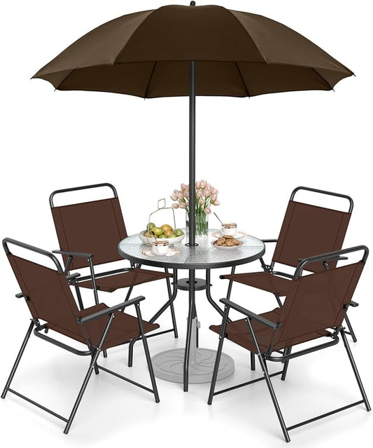 Tangkula 6 Pieces Folding Patio Dining Set, 4 Chairs and 31.5 inches Round Table, Patio Umbrella Included, for Indoor Outdoor Poolside or Balcony (Brown)