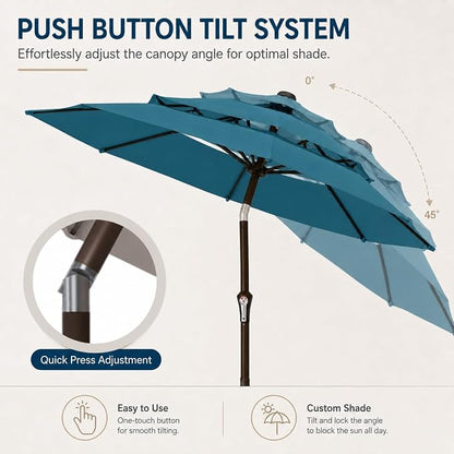 10ft Patio Umbrella, 3-Tier Vented Outdoor Table Umbrella with 8 Sturdy Fiberglass Ribs, Windproof Market Umbrella with Push Button Tilt and Crank, UV Protection for Deck, Pool, Lake Blue