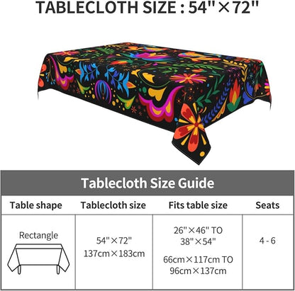 Mexican Floral Table Cloth, Waterproof Mexican Flower Tablecloth for Kitchen Dining Room, Picnic Party, Weddings, Outdoor Indoor 54x72 in Rectangle Black Table Cover