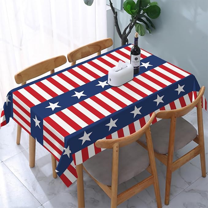 Decorative Rectangle Table Cloths Watercolor Stripes Stars 4th of July Patriotic Memorial Tablecloth Table Cover for Dining/BBQ/Picnic/Coffee Table 52 X 70 Inches
