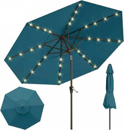 10FT Solar Lighted Patio Umbrella, Outdoor Table Market Umbrellas with Push Button Tilt and Crank, 32 LED Lights, 8 Sturdy Ribs, UV-Resistant for Deck, Garden, Pool