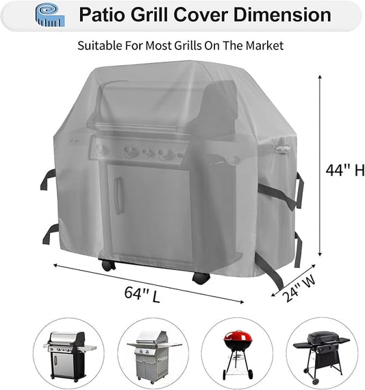 OutdoorLines Waterproof Heavy Duty BBQ Grill Cover - Universal Barbecue Grill Covers UV Resistant Barbeque Gas Grill Cover for Outdoor Outside Grill, 64L x 24W x 44H Inch, Gray