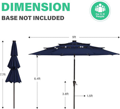 JEAREY 9 ft 3-Tier Outdoor LED Lighted Patio Umbrella w/Crank, Navy | Solar Market Table Umbrella with 8 Sturdy Ribs, UV Protection Waterproof Sunproof for Garden, Deck and Backyard