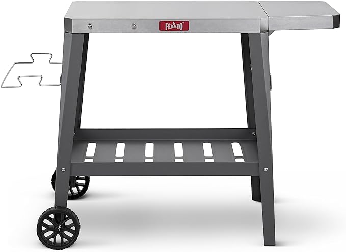 Feasto Grill Table with 31" x 19" Stainless Steel Top, Rolling Pizza Oven Stand with Foldable Extension Table, Outdoor Bar Cart for Compact Pizza Ovens & Griddles, Patio BBQ & Deck Parties, Gray