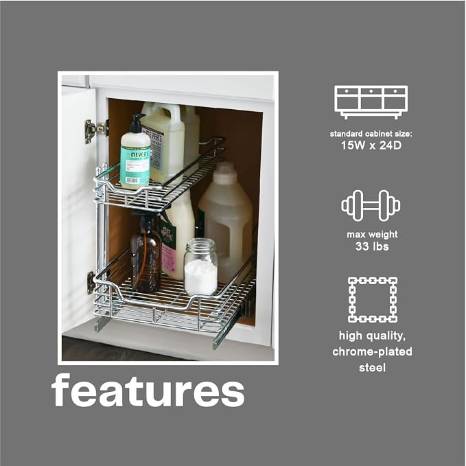 Household Essentials Glidez 2‑Tier Large Multipurpose Chrome‑Plated Steel Pull‑Out/Slide‑Out Under Sink Organizer, Chrome Finish