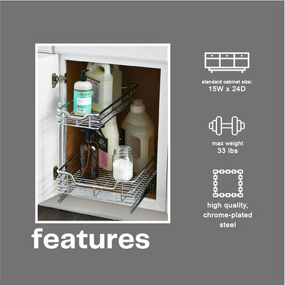 Household Essentials Glidez 2‑Tier Large Multipurpose Chrome‑Plated Steel Pull‑Out/Slide‑Out Under Sink Organizer, Chrome Finish