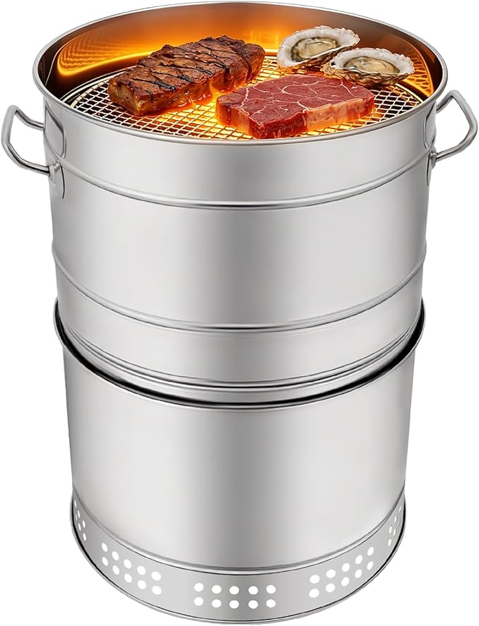 Large Portable Smokeless Barbecue Charcoal Barrel, Stainless Steel Kebab Grill Vertical Charcoal Bucket 360° Heated BBQ Rack & Grill Grate for Picnics Camping (50 Grilled Skewers)