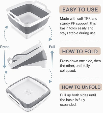 2.4 Gal(9L) Collapsible Dish Basin with Drain Plug, Space Saving Outdoor Multiuse Foldable Sink Tub, Dishpan, Kitchen Storage Tray for Camping, Vegetable Washing, RV (Gray)