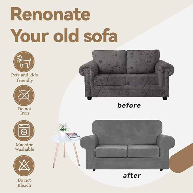 WEERRW Velvet Stretch 3 Pieces Couch Cover for Sofa Washable, Light Grey | Love Seat Couch Covers for 2 Cushion Couch Sofa Furniture Protector slipcoves with Elastic Bottom for Kids, Medium