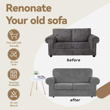 WEERRW Velvet Stretch 3 Pieces Couch Cover for Sofa Washable, Light Grey | Love Seat Couch Covers for 2 Cushion Couch Sofa Furniture Protector slipcoves with Elastic Bottom for Kids, Medium