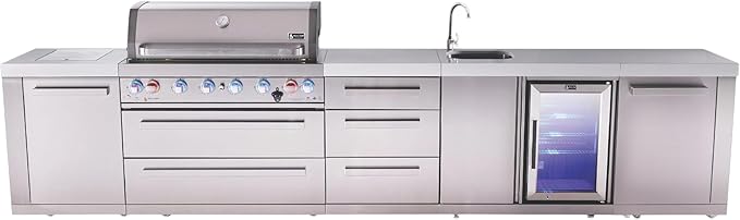 Mont Alpi Premium 157"W x 23"D x 46"H Stainless Steel Outdoor Kitchen Island with Refrigerator + Faucet and Sink Combo + 44"W 6-Burner BBQ Gas Grill + Granite Countertops + Storage Drawers + Cabinets